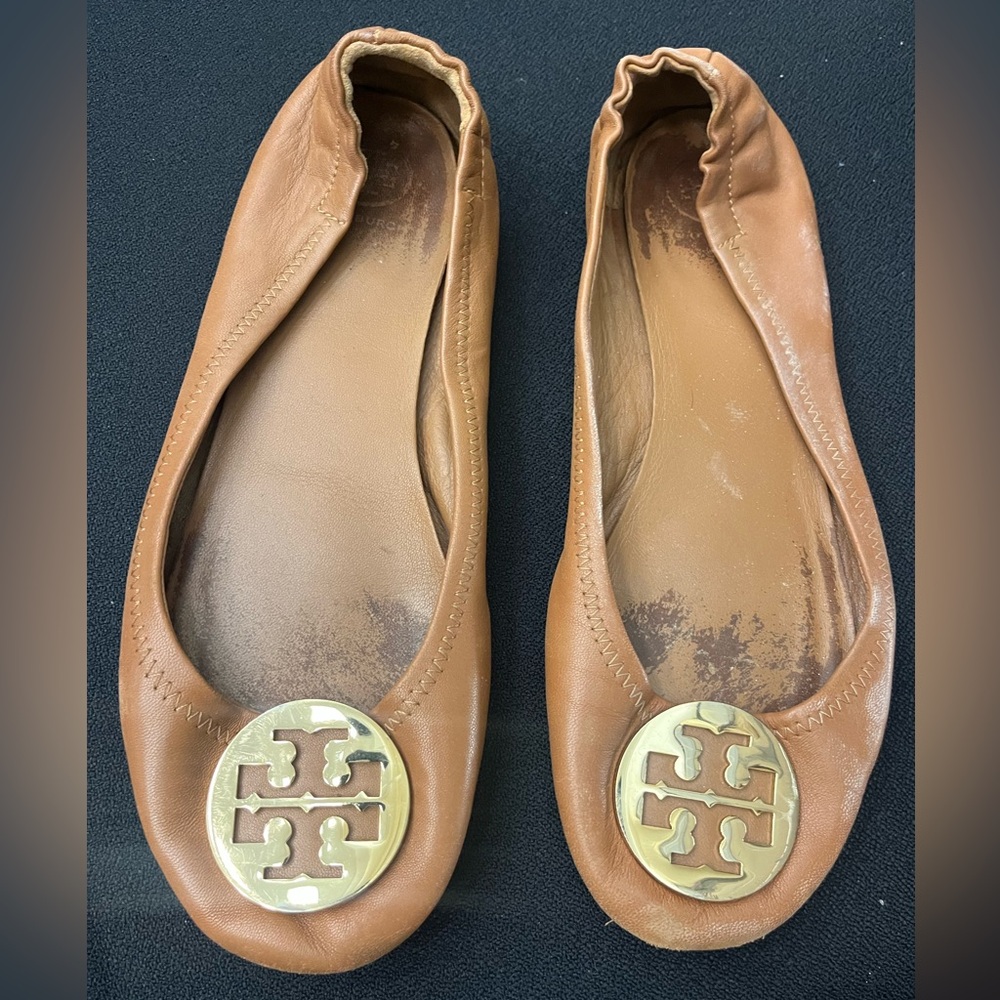 Tory Burch Brown Leather Flats with Gold Logo